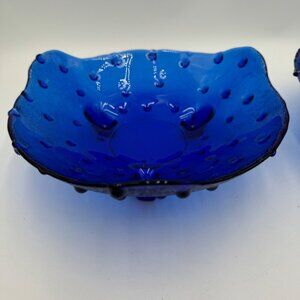 Unusual Vintage Collectible Cobalt Blue Blown Glass Hobnail Footed Serving Bowl